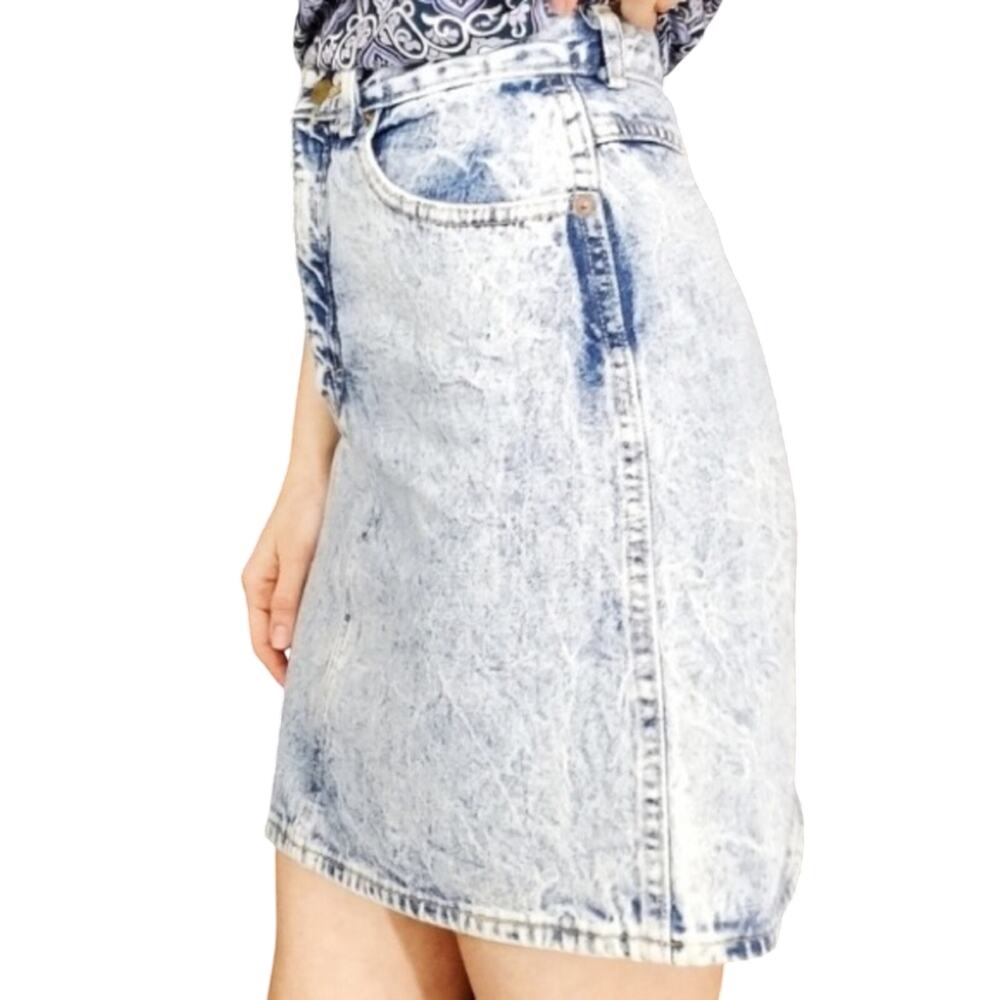 Vintage 80s Acid Wash Denim Mini Skirt High Rise Size 9 Grunge Y2K Retro